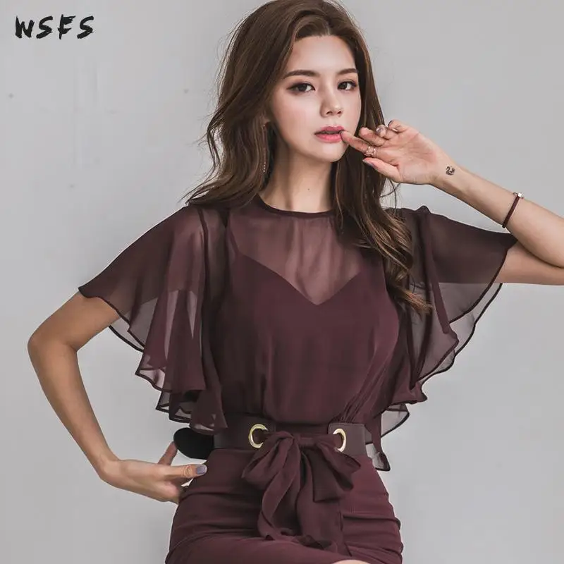 Женское шифоновое платье карандаш красное зеленое облегающее с оборками и