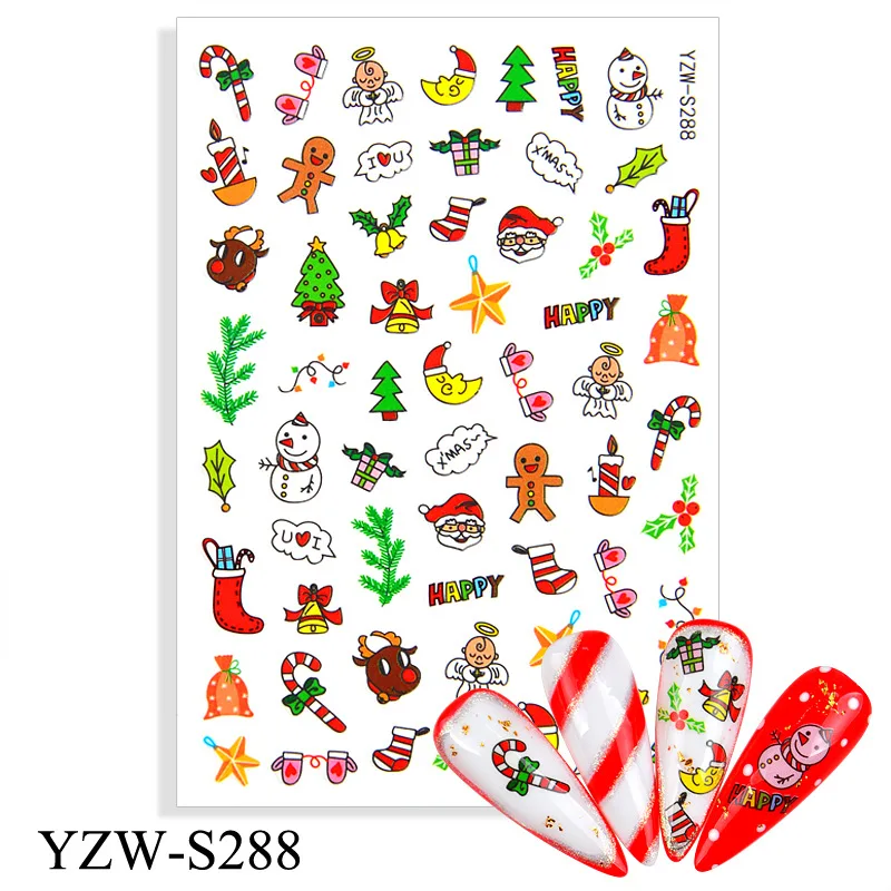 

Christmas nail art stickers snowman gift stocking snowtree doughnut heart design back glue slider decal FW104