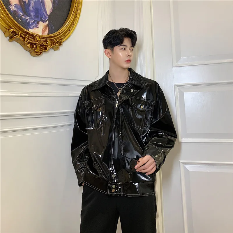 MIXCUBIC 2019 крутая Глянцевая куртка из искусственной кожи в Корейском стиле для