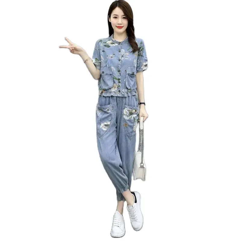 

Ladies Denim Professional Suit Summer New Women Jacket Cowboy Pants 2PCS Casual Fashion Printing Cowgirl Two-Piece Suit R246