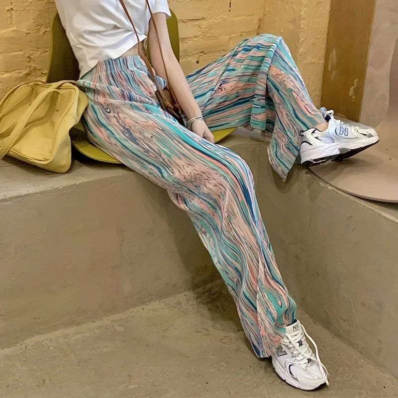 

High-End Tie-Dyed Pants Tall Draping Straight Loose Tight Waist Mopping Wide-Leg Pants Casual Pants for Women Spring and Autumn