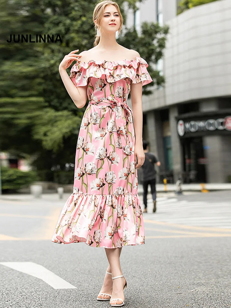 

Runway Vestidos Fashionable Women Trumpet/Mermaid Dress 2021 Summer Slash Neck Flower Print Ruffles Long Elegant Pink Dress