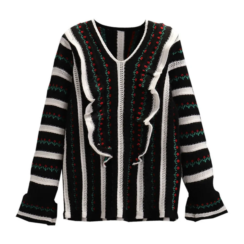 Женский трикотажный свитер с рюшами V-образным вырезом и расклешенными рукавами |