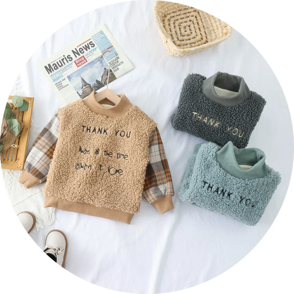 

Kids Pullovers Sweatshirt 2020 Winter New Baby boy Girl Fleece Warm Tops Fashion letter Boys Plus Velvet Warm Sweater 1-5Years