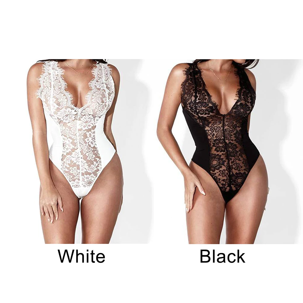 

Jumpsuit Ladies Sleeveless Costume Sexy Tight Nightwear Lace Patchwork Women Bodysuit Erotic Solid Soft Deep V Neck See Through