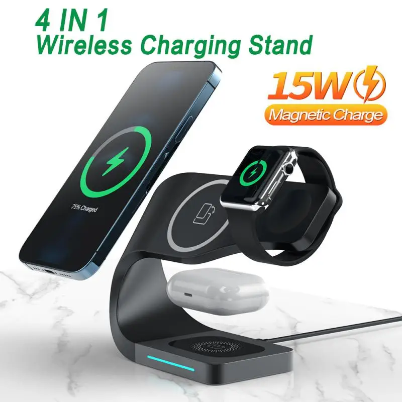 

Быстрая Беспроводная Магнитная зарядная подставка, 15 Вт, для IPhone, Apple Watch, 4 в 1, зарядная док-станция с художественным изгибом дизайном для ...