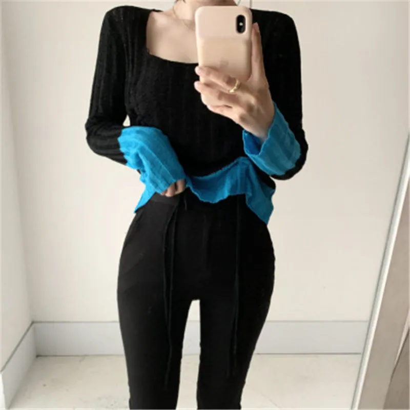

Women's Sweater Korean Casual Square Collar Drawsting Knit Tops Female Long Sleeve Slim Coats 2021 Autumn Winter