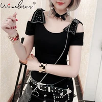 summer european clothes cotton t shirt fashion sexy hollow out bowknot shiny diamonds women tops short sleeve tees 2021 t15228a