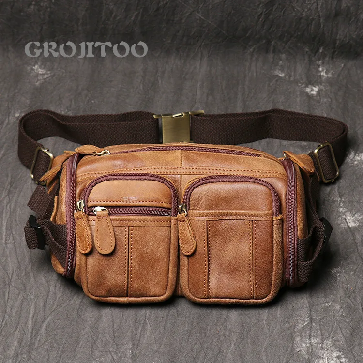 

GROJITOO New men's leather mobile phone bag large capacity bag, frosted cowhide waist bag sports Single Shoulder Messenger Bag