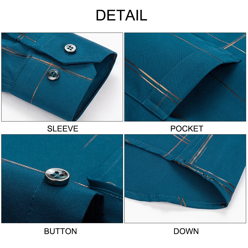 Mens Long Sleeve Shirts Fashion Print Single Pocket Regular Fit Business Shirt Turn Down Collar Plaid Non-iron Casual Shirts