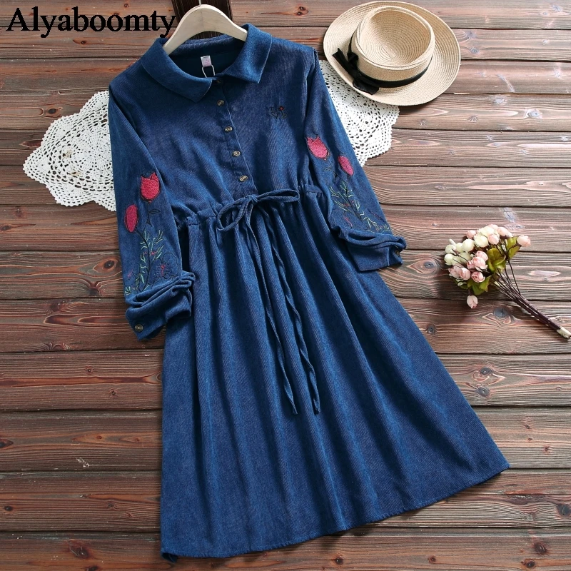 Женское винтажное платье с цветочной вышивкой элегантное вельветовое темно