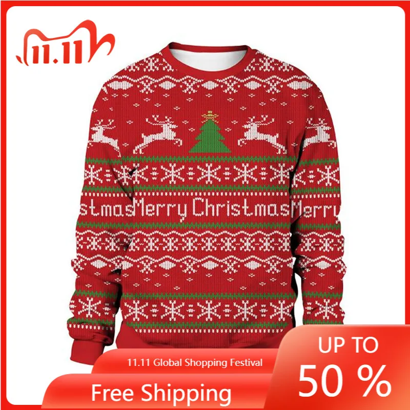 

Men Women Ugly Christmas Sweater Pullover Crew Neck Xmas Sweatshirts 3D Funny Printed Reindeer Sweaters Christmas Jumpers Tops