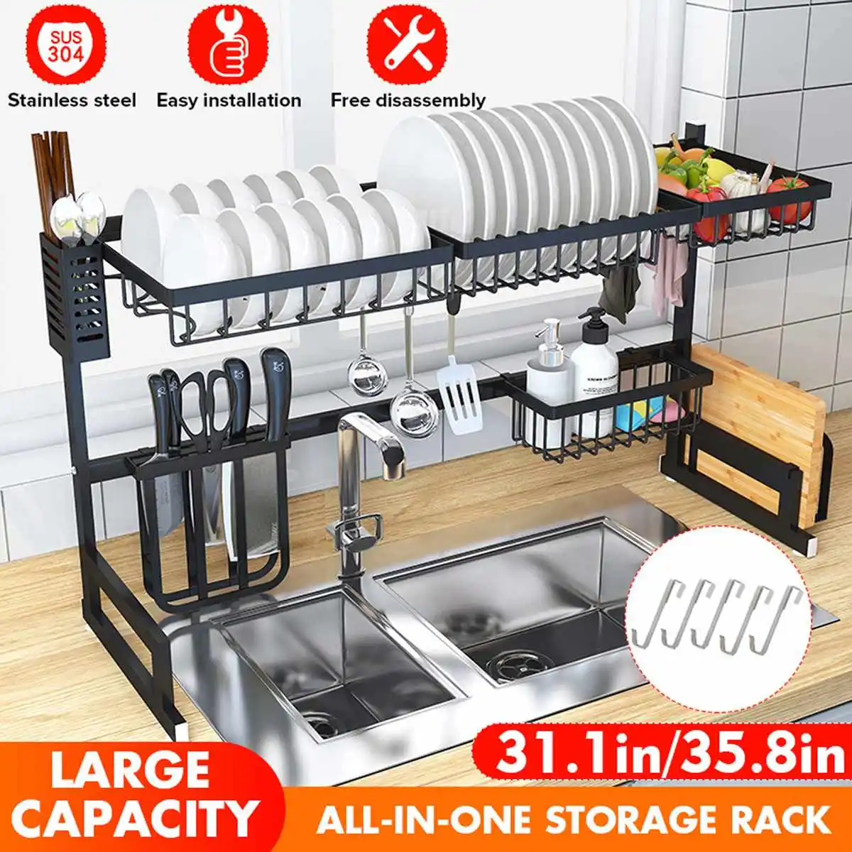 

79/91cm Stainless Steel Kitchen Shelf Organizer Over The Sink Dish Drying Rack Holder Shelf Storage Kitchen Utensils Holder