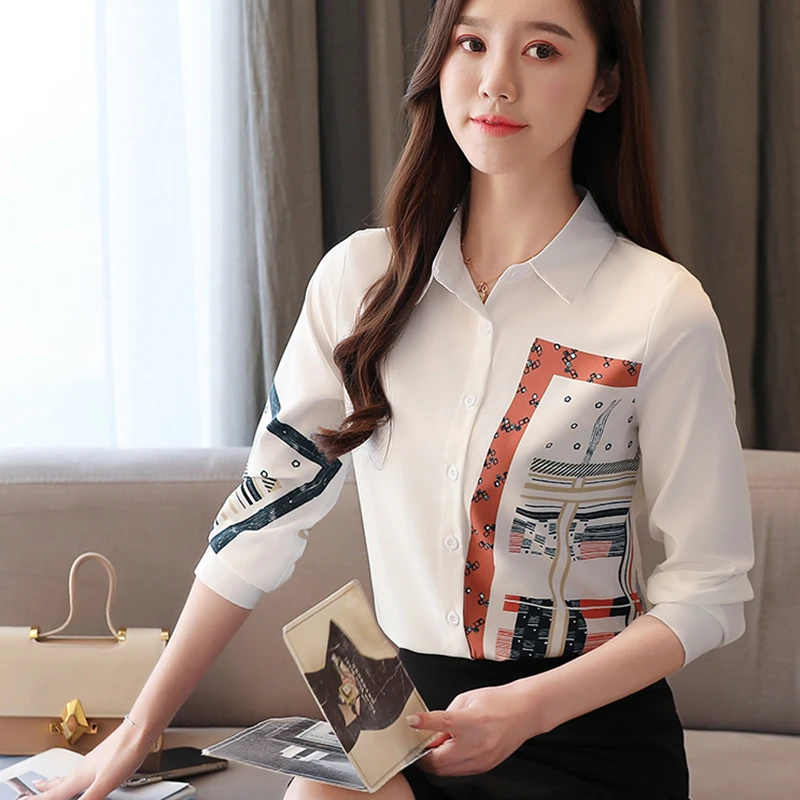 2021 New Korean Spring Chiffon Print Women Blouse Long Sleeve Ladies White Shirt Tops Female Button Blusas High Quality Clothing | Женская