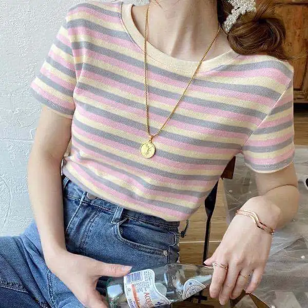 

O-neck T Shirt Women Harajuku Striped Tshirt Tops Short Sleeve Summer Tops For Gril Casual T-shirts 2020 Women Fashion Clothing
