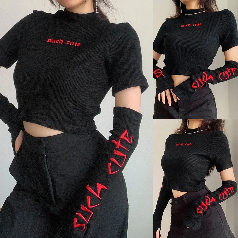 Готические футболки с буквенной вышивкой черная водолазка рукавами Раздельный