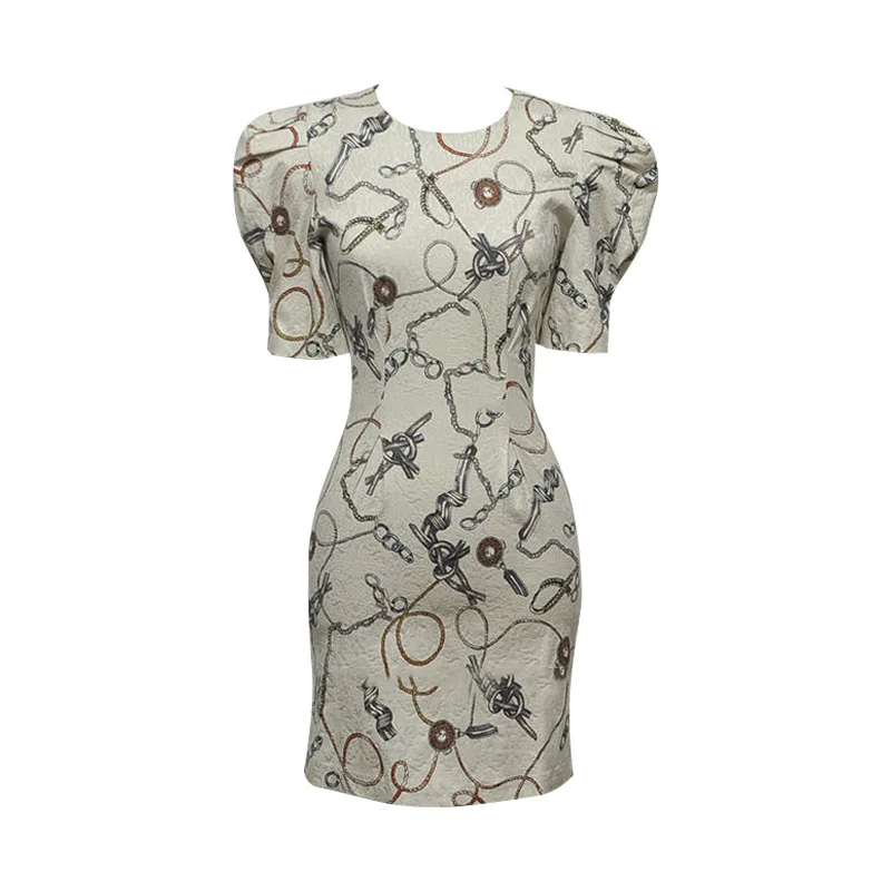 

Sweet Cute Lady Delicate Pattern Print Slim Women Dress O Neck Puff Short Sleeve Mini High Waist Female Bodycon Dresses Summer