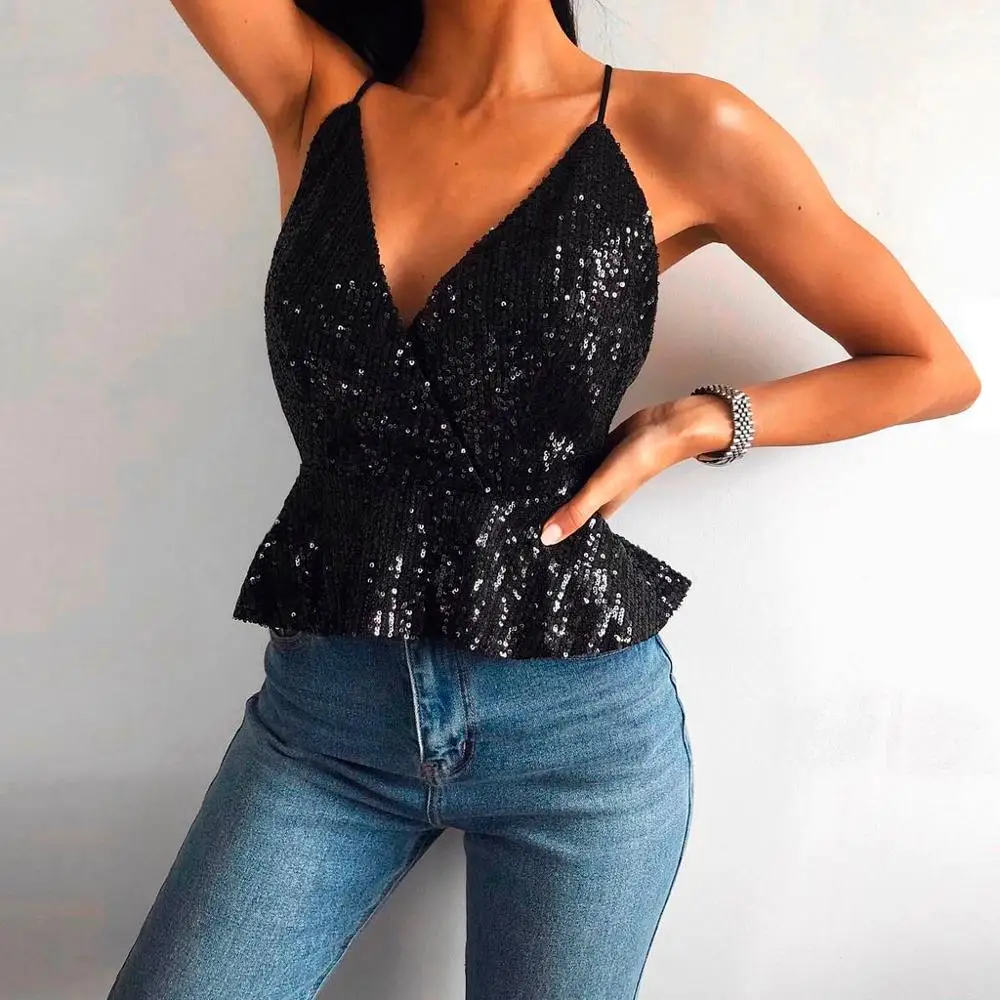 Сексуальный женский топ на бретелях с блестками и размера плюс s женские