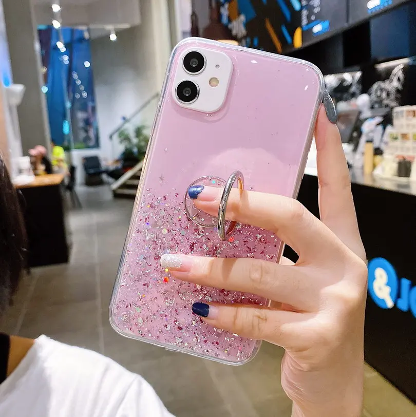 glitter case for iphone 12 mini 12 pro 11 xs max xr x se 2020 soft silicone finger ring stand cover for iphone 7 8 6 6s plus free global shipping