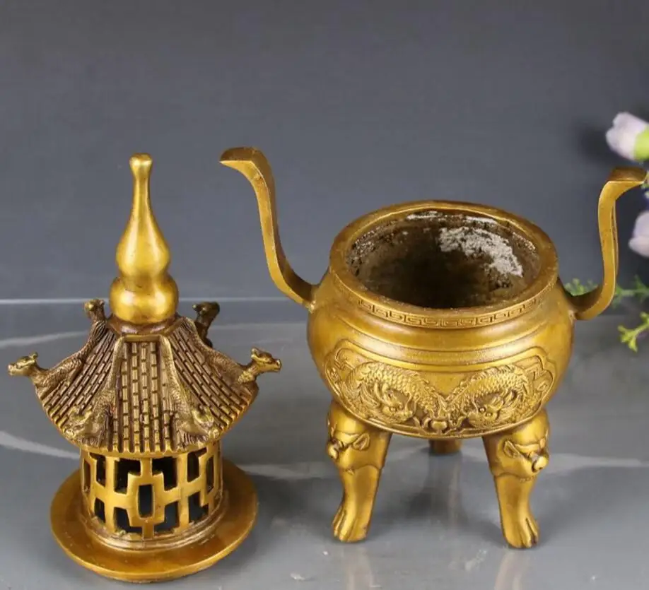 Медная статуя латунь двойной дракон жемчуг башня благовония горелка украшения