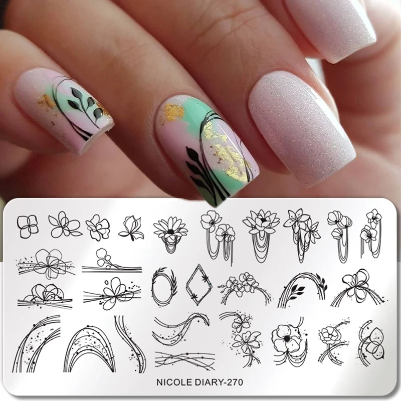 

Трафареты NICOLE DIARY для стемпинга ногтей, простые линии, цветы, геометрический дизайн, для французского маникюра, летние шаблоны для печати ли...