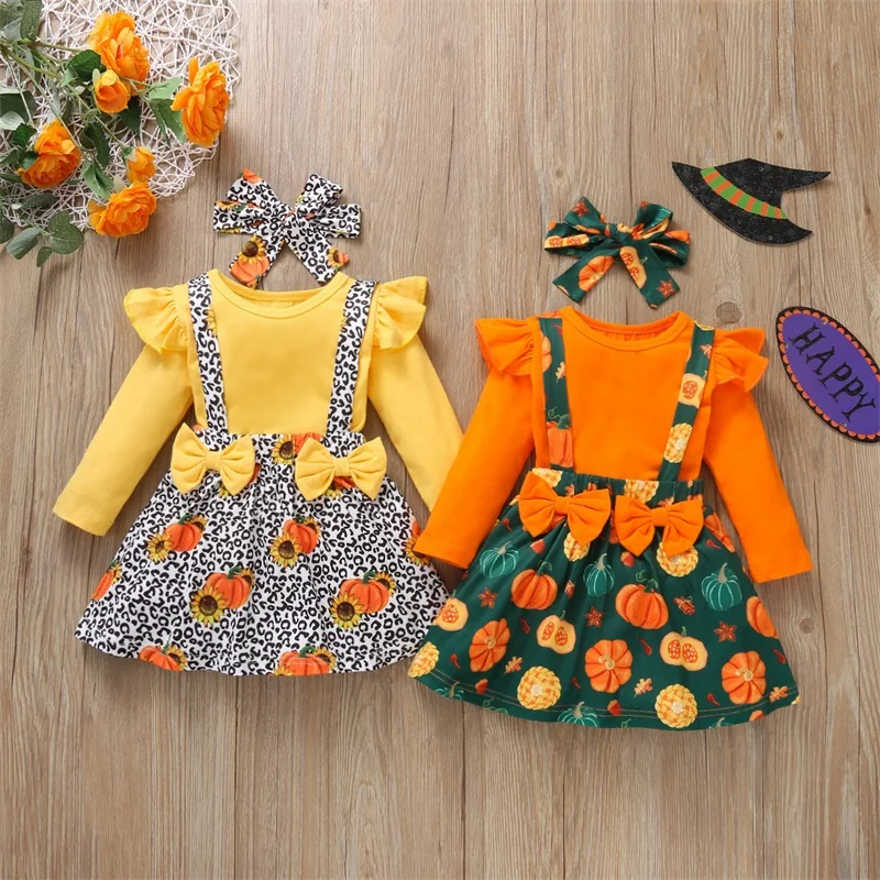 

Girls' Cotton Long-Sleeved Blouse Sunflower Pumpkin Ghost Suspender Skirt Suit