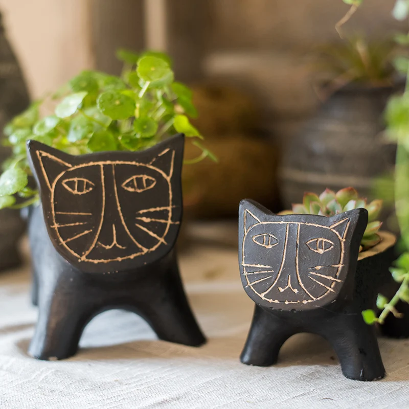 

Cartoon black cat abstract art flowerpot floral ornaments succulents cement potted storage groceries garden decoration ornaments