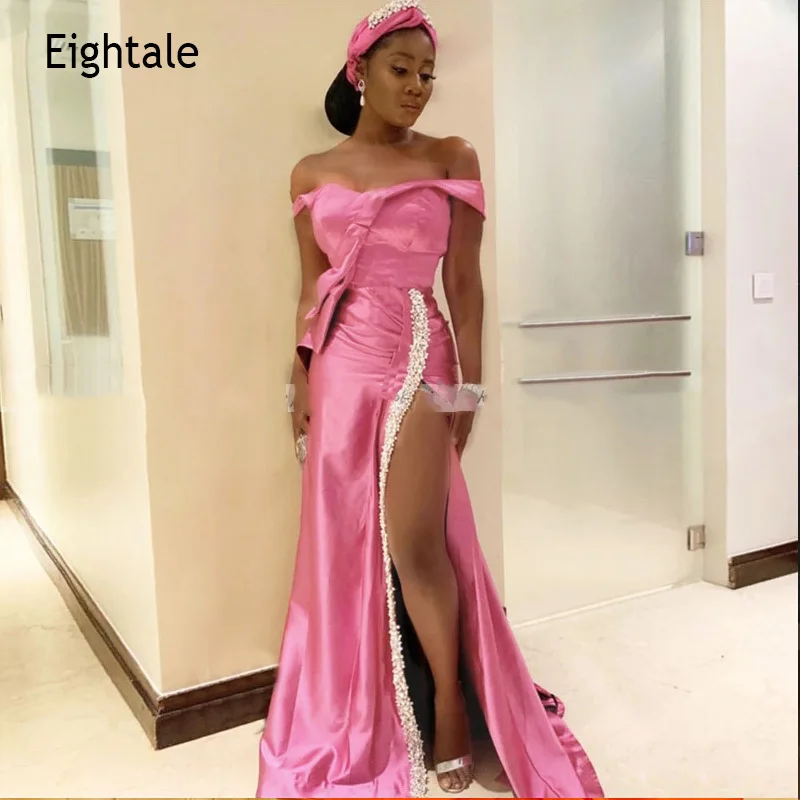 

Eightale African Evening Dresses Off the Shoulder Beaded Satin Arabic Purple Prom Gown Side Split Mermaid Party Dress 2021