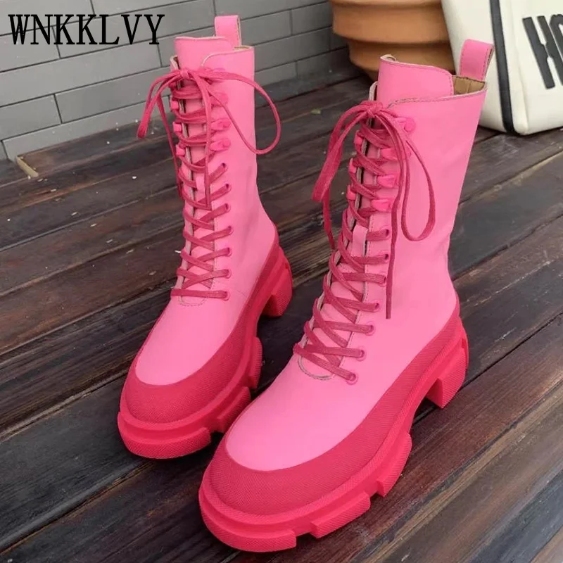 

2021 Autumn winter New mid calf boots women real leather Thick Bottom Lace Up martin boots All match British Style Short Boots