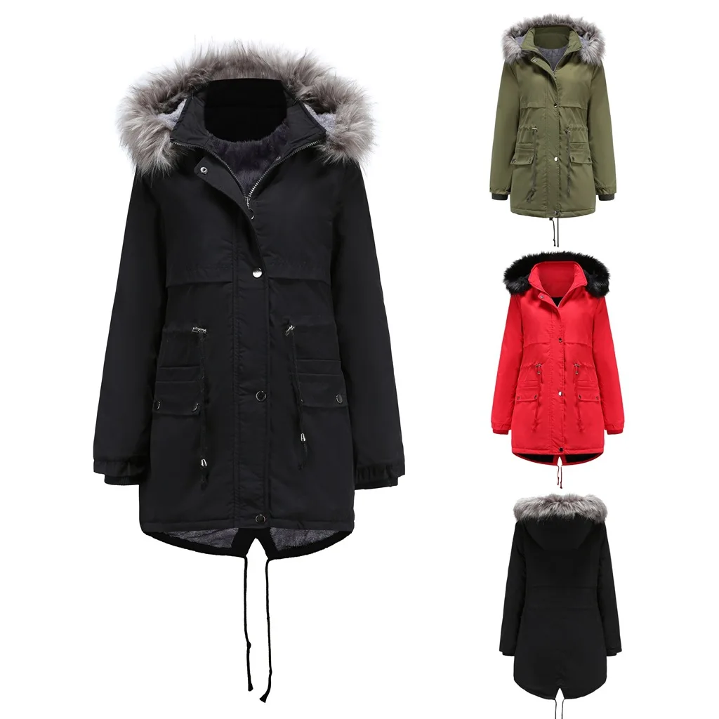

Fannic Autumn and Winter Large Fur Collar Hooded Velvet Detachable Hat Warm Mid-Length Cotton -Padded Clothes Wome
