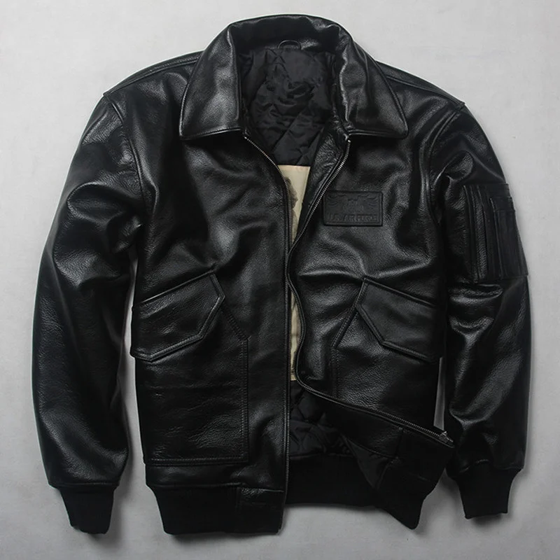

2021 Dark Brown Military Style USAF Pilot Leather Jacket Men Europe Size XXL Genuine Natural Cowhide Autumn Loose Aviation Coat