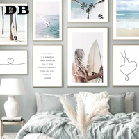 surfboard beach girl waves palm tree almost kiss line nordic poster wall art print canvas painting decor picture for living room