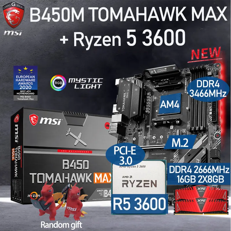 Комплект материнской платы AM4 MSI B450 TOMAHAWK MAX + комплект AMD Ryzen 5 3600 Combo ОЗУ DDR4 16 Гб 2666