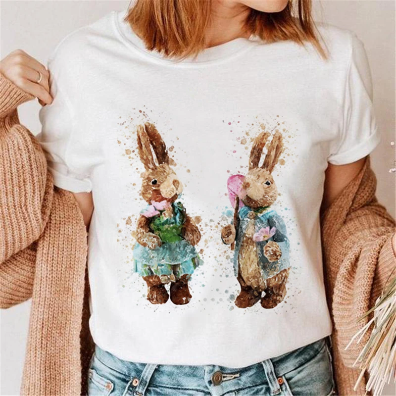 

Rabbit Tee Shirt Women Kawaii Cartoon Animal Graphic Print T Shirt for Women Cotton O-neck Casual Short Sleeve Women Tshirt