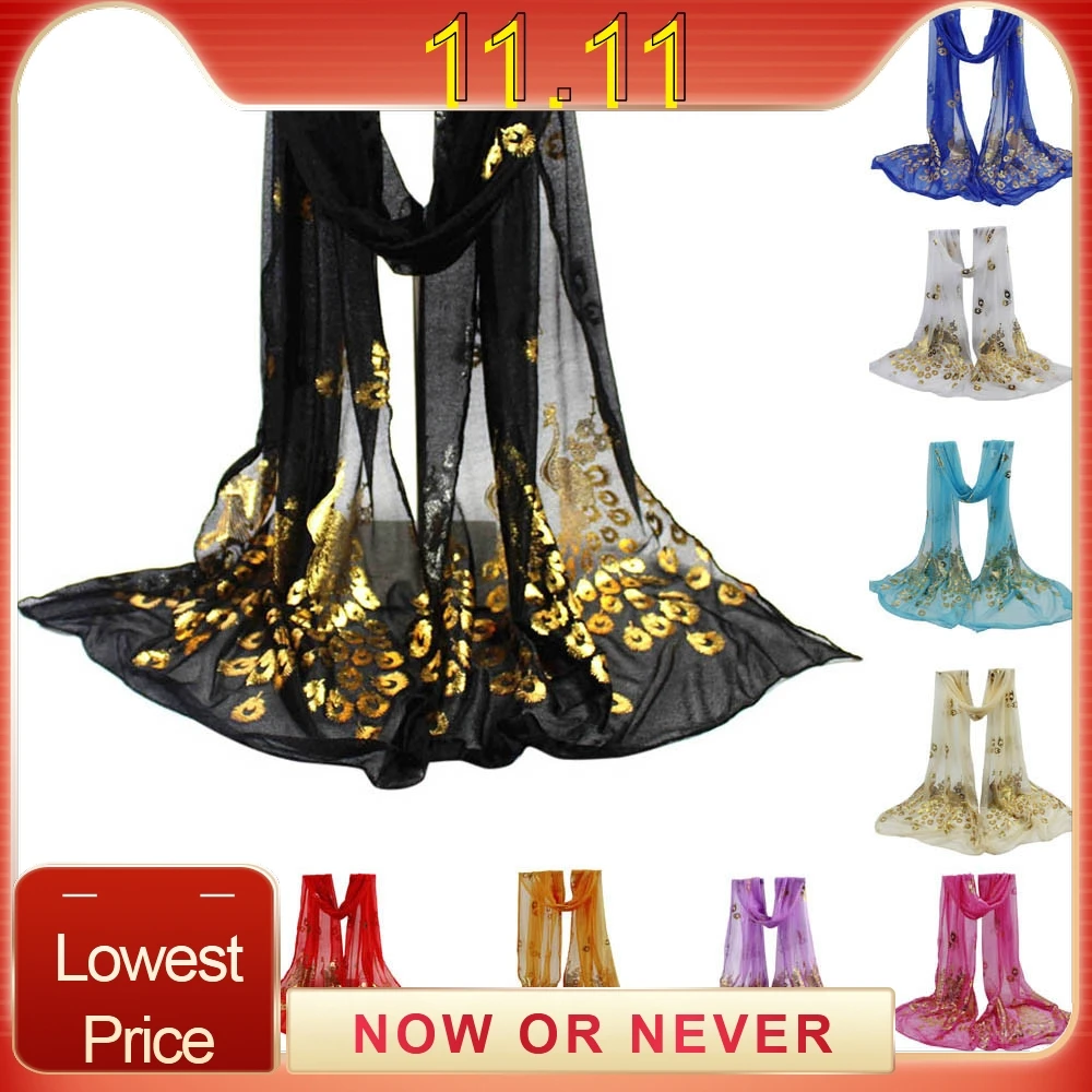 Новый дизайн женский шарф шифон павлиньи перья цветы вышитые кружева стильный