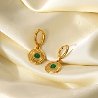 18k gold pvd plated stainless steel hoop earrings jewelry green semi precious stone round coin pendant earrings