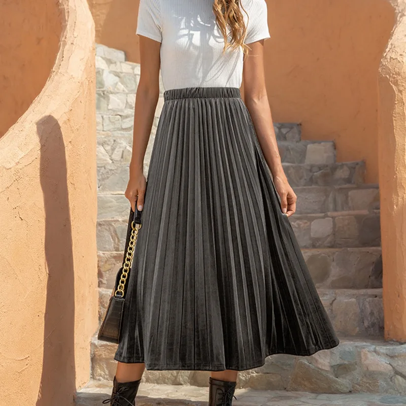 

Vintage Pleated Ankle Length Women Skirt Casual High Waist Velvet Pleated Skirts