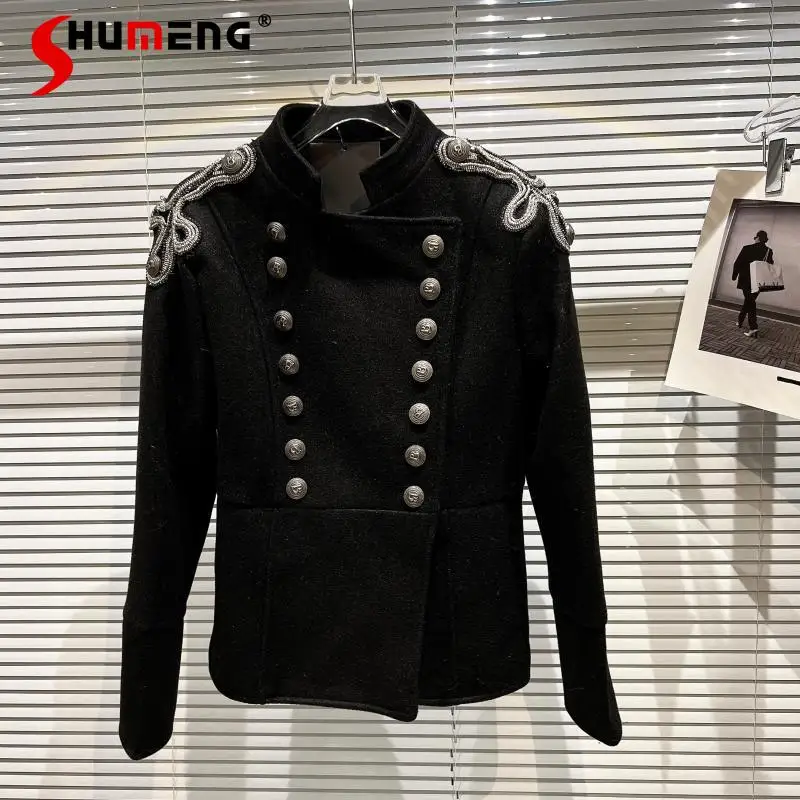 

2021 Winter New Fashion Vintage Double Row Metal Buckle Jacket Women Black Shoulder with Embroidered Slim-Fit Woolen Coat Female