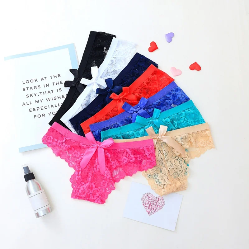 Женское сексуальное кружевное нижнее белье трусы с бантом однотонные прозрачные