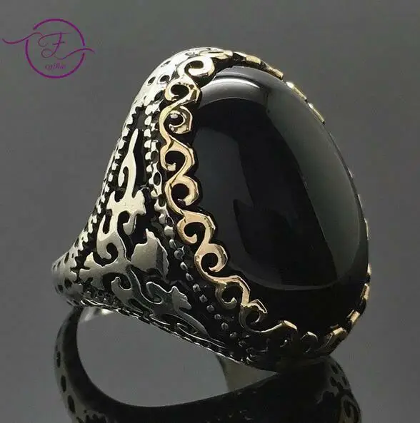Фото Винтажное серебряное кольцо 925 пробы с черным ониксом AAA цирконием обручальное
