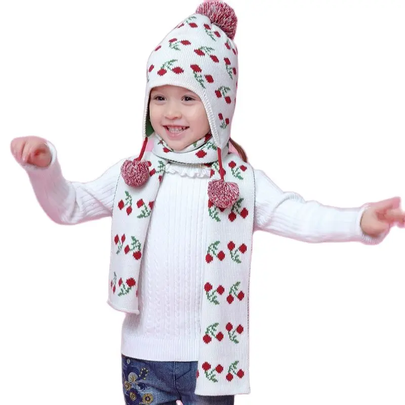 Осень зима вишня шапочка для малыша девочки уха Защитный колпачок и шарфом