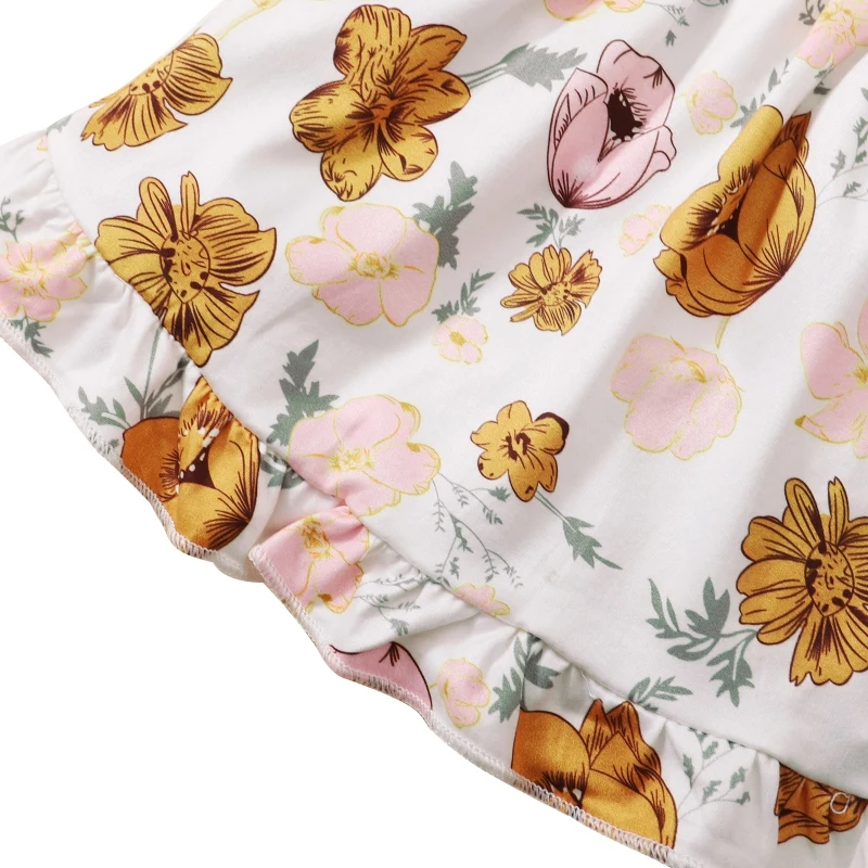 

Baby Girl Floral Print Clothing Newborn Flare Sleeve Romper Strap Skirts With Headband Costume Sets