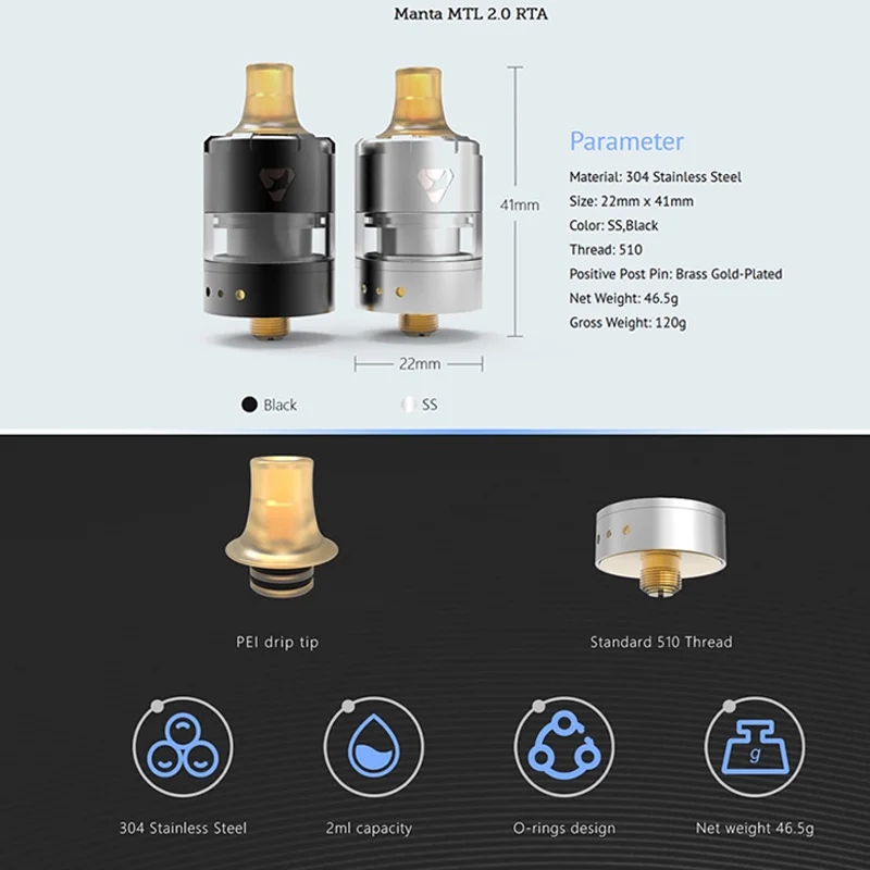 Advken Manta V2 MTL 22 мм RTA 2 мл емкость перестраиваемый бак PEI капельный наконечник