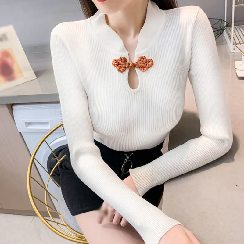 

Новинка весны пуловеры в китайском ретро-стиле с воротником-стойкой и пряжкой стройнящий свитер с длинными рукавами 2021 женская одежда
