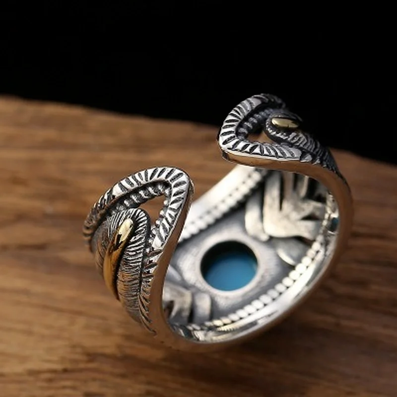 925 пробы серебро инкрустированные бирюзовый перо открытие кольцо ювелирные