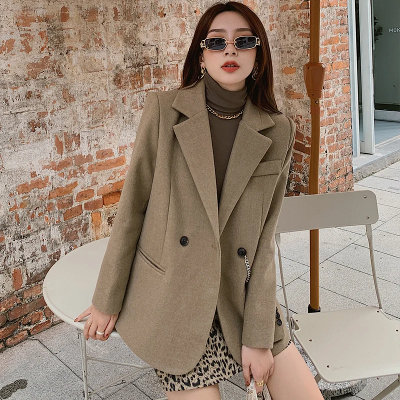 

JXMYY 2020 autumn and winter new Korean style simple chain loose wild suit woolen coat high-end temperament woolen coat