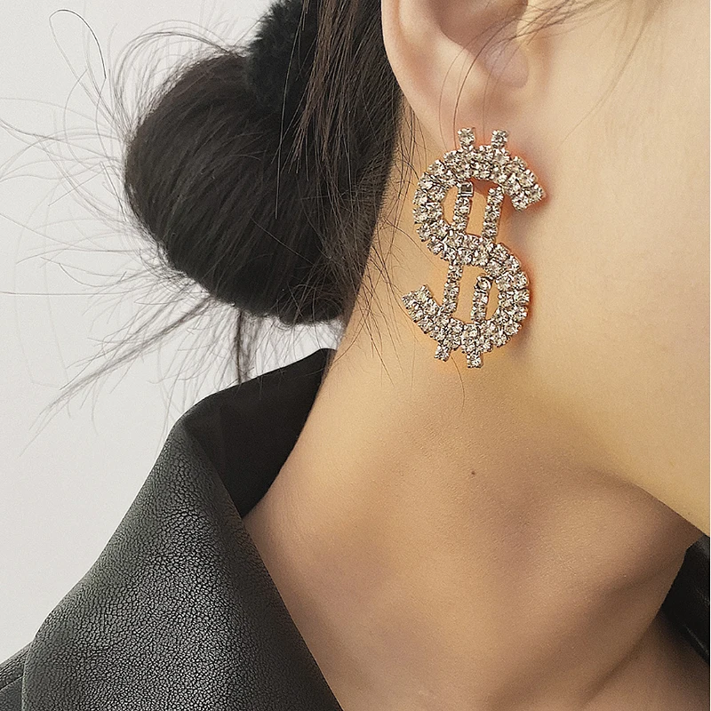 

AENSOA Luxury Money Sign Rhinestone Earrings for Women Shiny Crystal Dollar $ Letter Dangle Earrings Jewelry Accessories