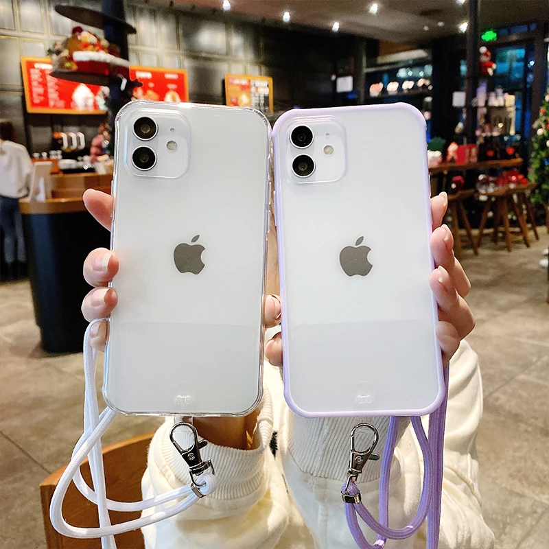 

Color Bumper Clear Lanyard Matte Case For iPhone 12 Pro MAX 11 X XS Max XR 8 7 Shockproof Hanging Rope Cover For iPhone 12 Mini