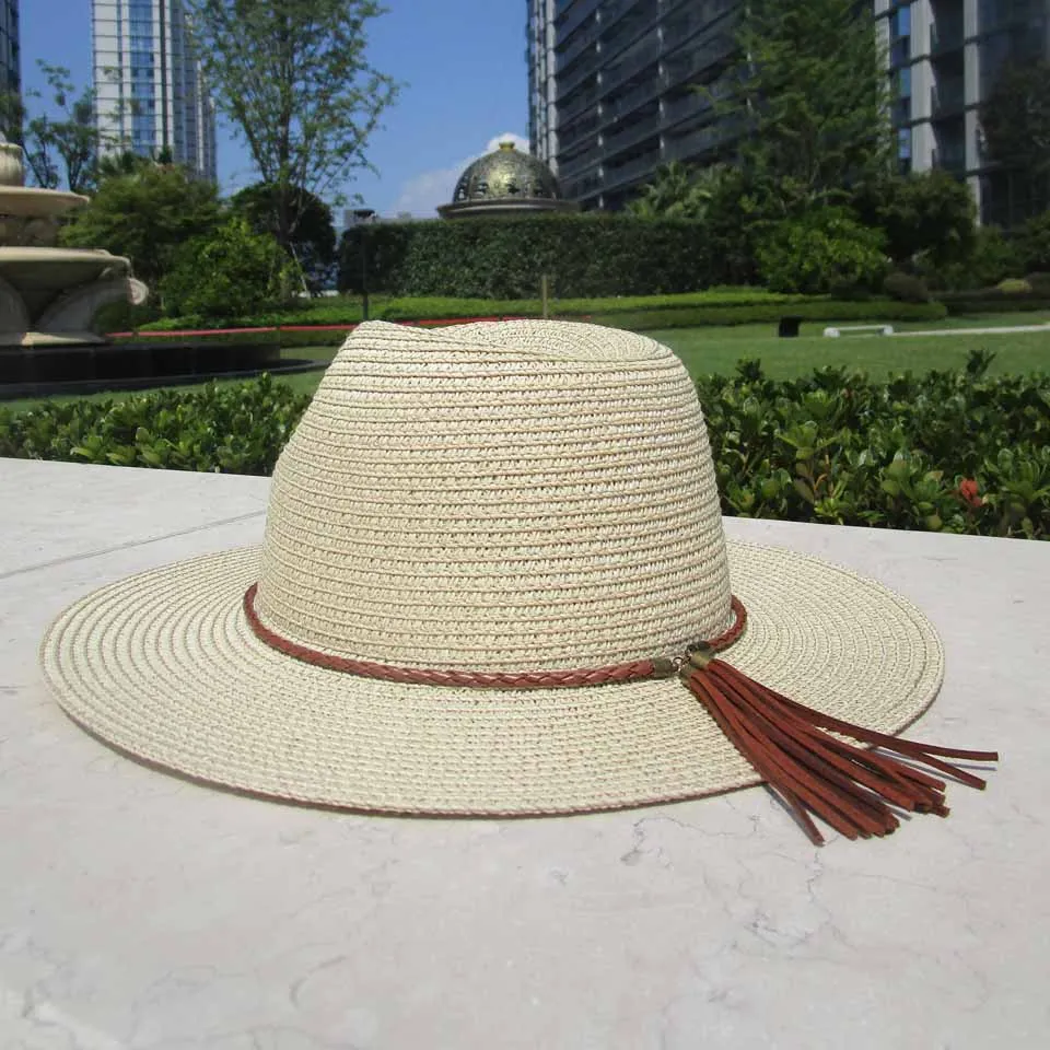 Летняя универсальная модная бежевая Джаз Кепка с кисточками Пляжная соломенная
