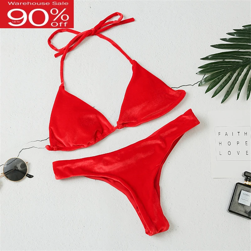 Красный черный желтый Бразильский купальный костюм бикини однотонный с лямкой